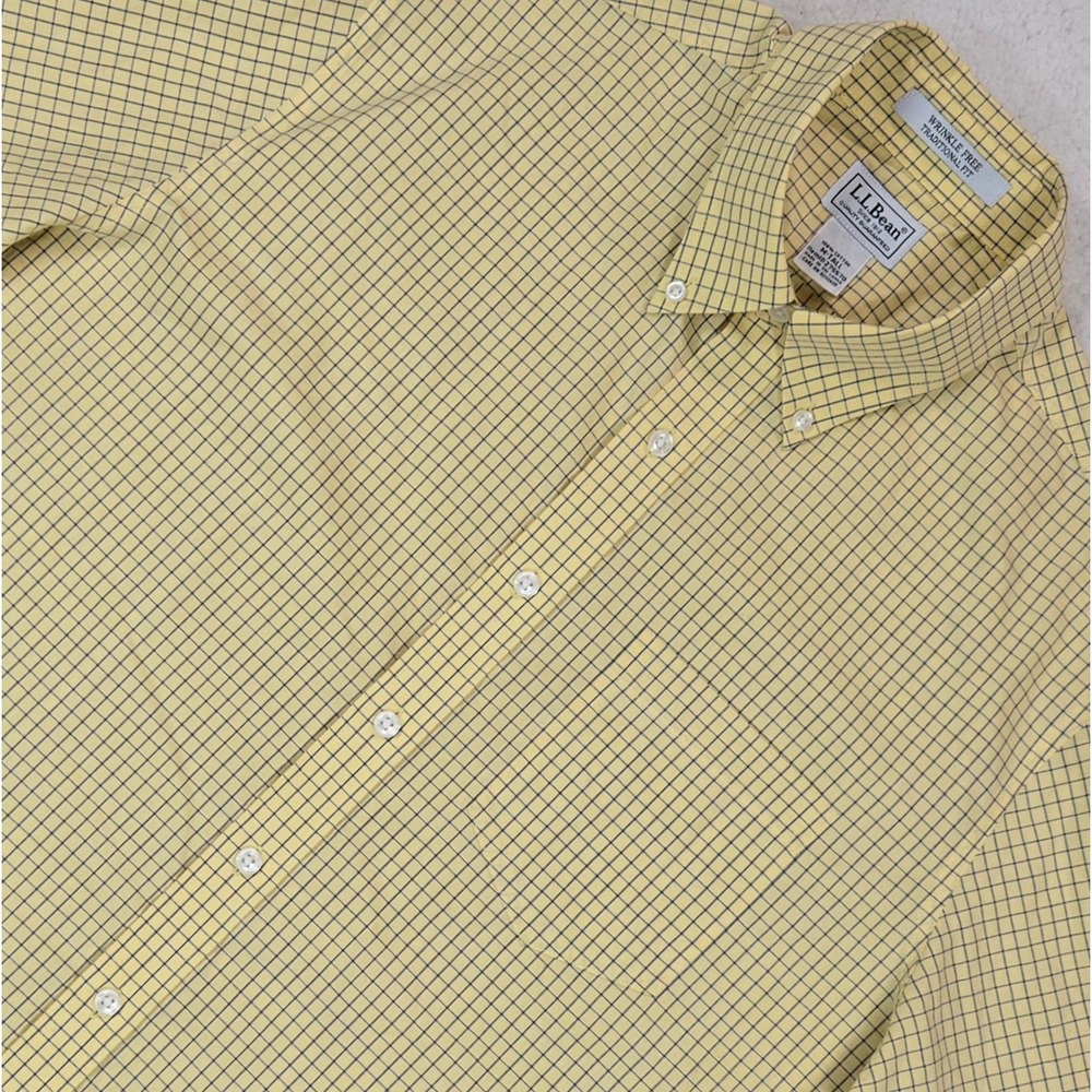 L.L.Bean Men M Tall Wrinkle Free Traditional Fit Shirt Yellow Check Cotton